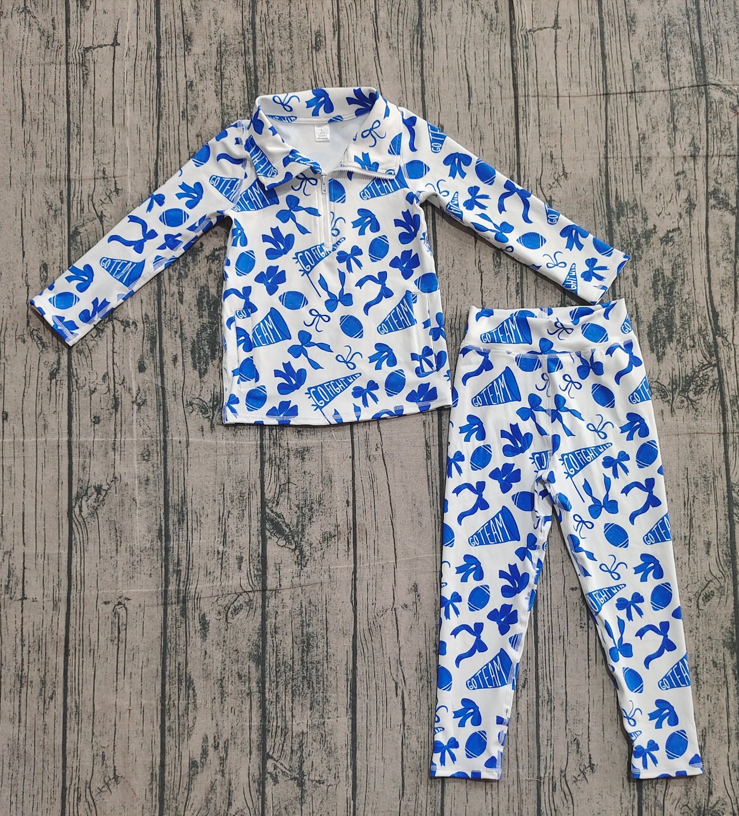 10.2 GLP2761 Sample No Moq Yoga fabric Baby Girls Blue Bows Footballs Go Teams Pullovers Leggings Yoga Clothes Set