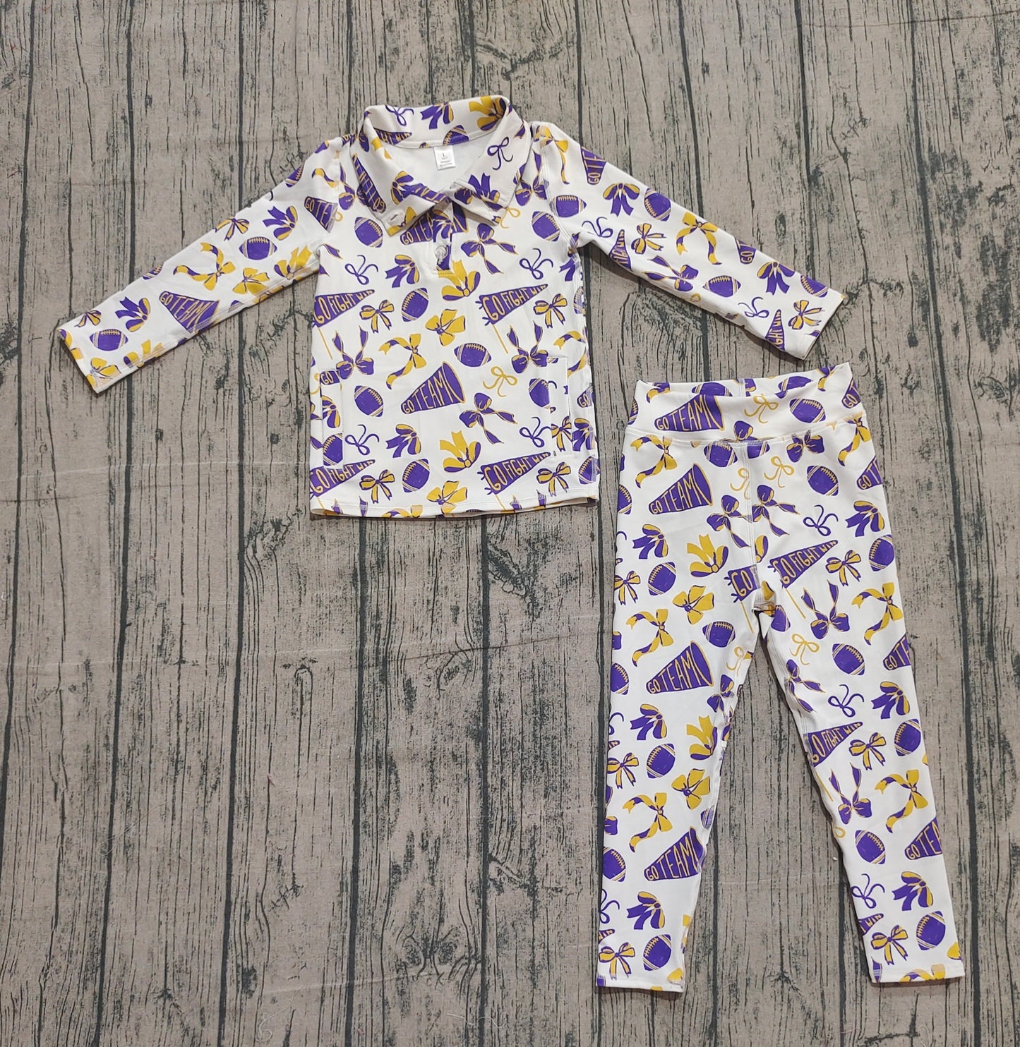 10.1 GLP2762 Sample No Moq Yoga fabric Baby Girls Purple Bows Footballs Go Teams Pullovers Leggings Yoga Clothes Set