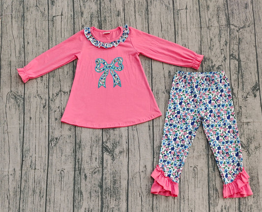 9.27 GLP2777 Sample No Moq Embroidery Floral Bow Baby Girls Tunic Ruffle Leggings Clothes Set