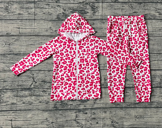 9.16 GLP2790 Sample No Moq Fast Coming Baby Girls Pink Leopard Zipper Pockets Hoodie Jogger Pant Clothes Sets