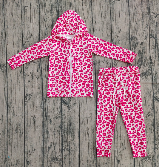 9.18 GLP2790 Sample No Moq Fast Coming Baby Girls Pink Leopard Zipper Pockets Hoodie Jogger Pant Clothes Sets