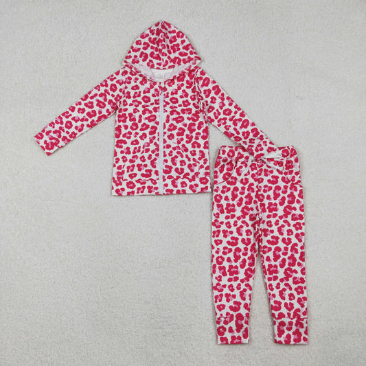 10.23 RTS NO MOQ (In stock)GLP2790 Baby Girls Pink Leopard Zipper Pockets Hoodies Top Joggers Clothes Sets
