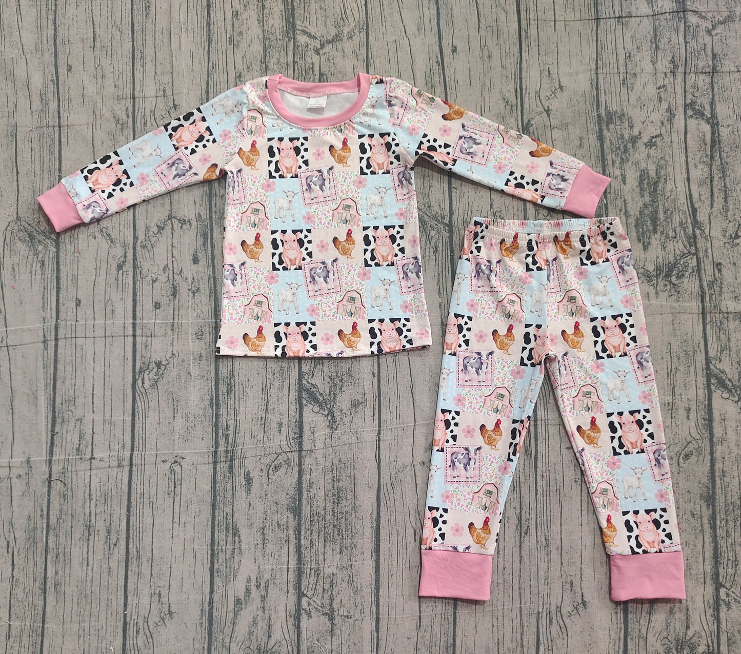 11.11 GLP2805 Sample No Moq Baby Girls Pigs Chicks Top Pants Farm Pajamas Sets