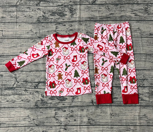 9.16 GLP2807 Sample No Moq Fast Coming Baby Girls Red Bows Santa Gifts Plaid Top Pant Christmas Pajamas Sets