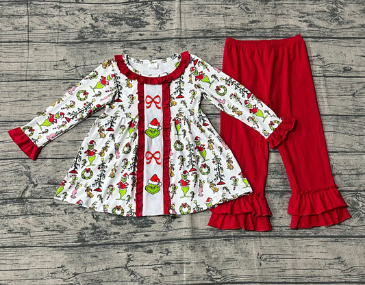 9.16 GLP2812 Sample No Moq Fast Coming Baby Girls Green Face Miss Bows Tunic Ruffle Legging Pant Christmas Sets
