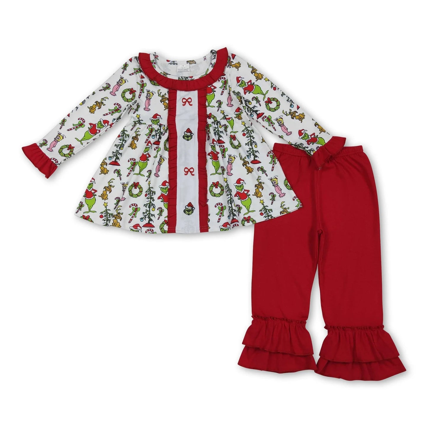 10.16 RTS Sibling Embroidery Grin Bows Baby Girls Tunic Ruffle Pant Christmas Clothes Sets Ruffle Rompers
