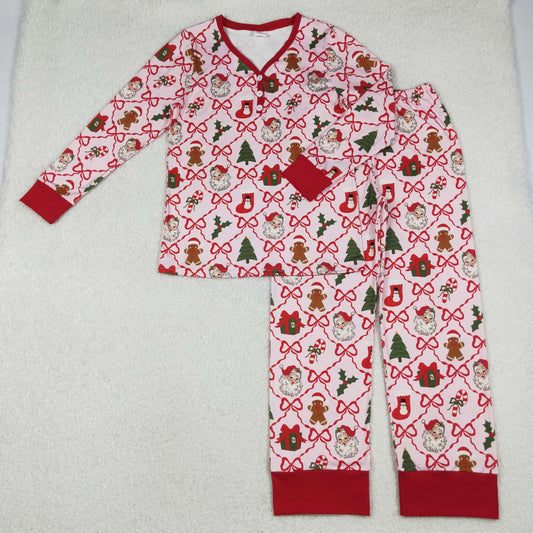 10.18 RTS NO MOQ (In stock)GLP2815 Adult Women Red Bows Santa Checked Pant Christmas Pajamas Sets