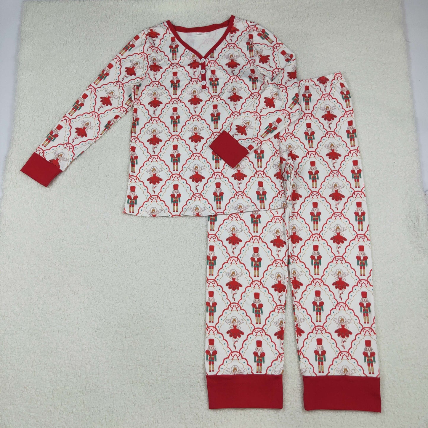 10.10 RTS NO MOQ (In stock)GLP2816 Adult Women Red Bows Soldiers Checked Top Pant Christmas Pajamas Sets