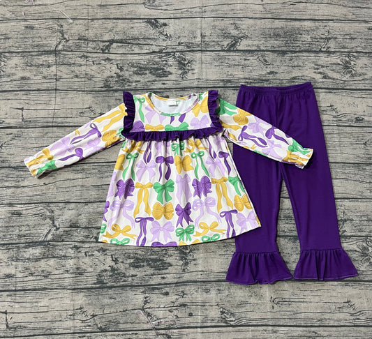 9.17 GLP2822 Sample No Moq Fast Coming Baby Girls Mardi Gras Bows Tunic Ruffle Pants Clothes Sets