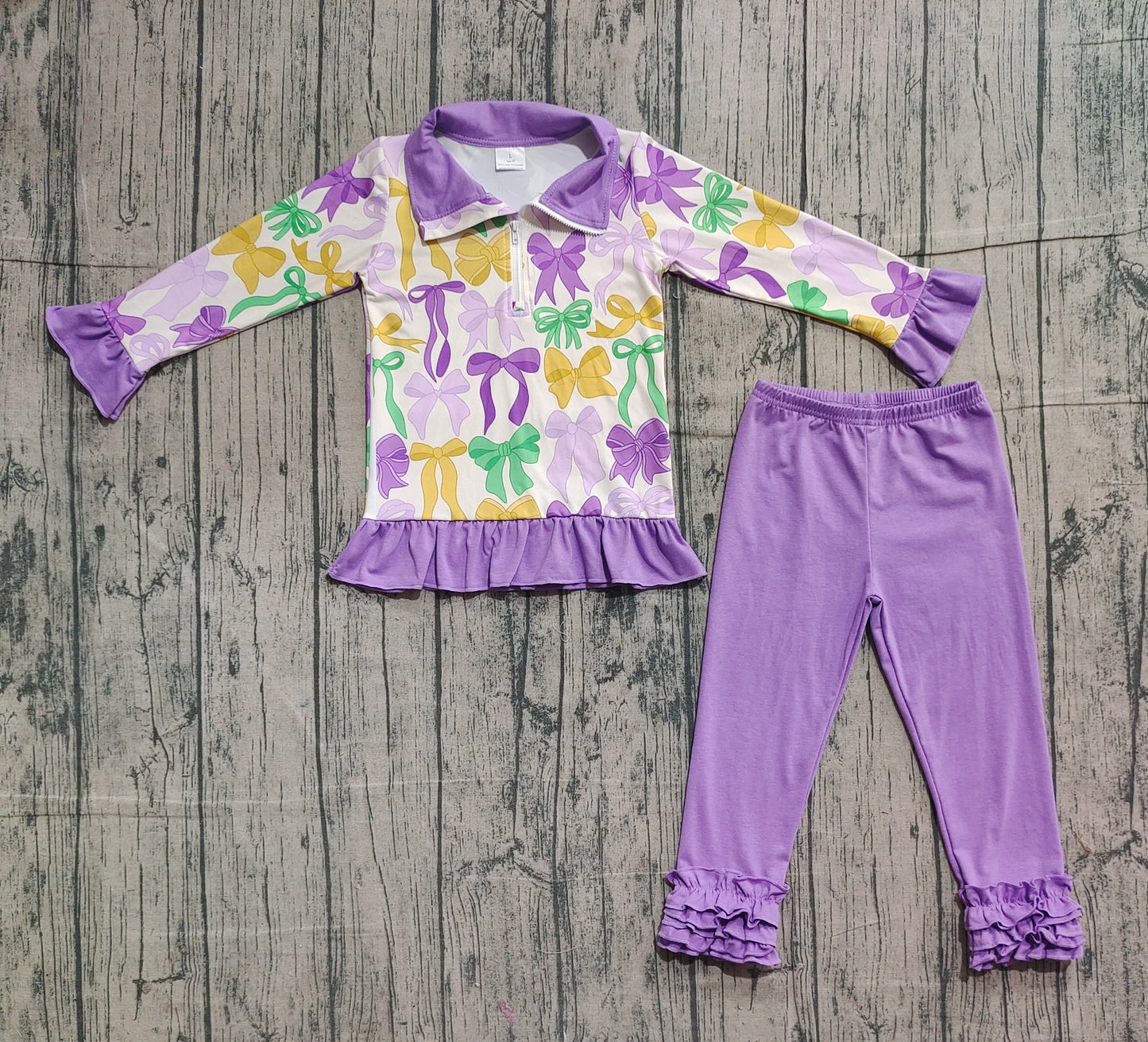 11.5 GLP2823 Sample No Moq Baby Girls Mardi Gras Bows Zipper Pullover Ruffle Legging Clothes Sets