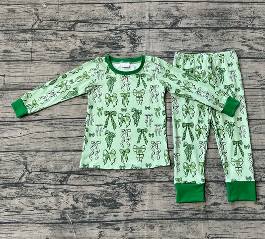 9.17 GLP2840 Sample No Moq Fast Coming Baby Girls Green Clovers Bows Top Pants St Patrick Pajamas Sets