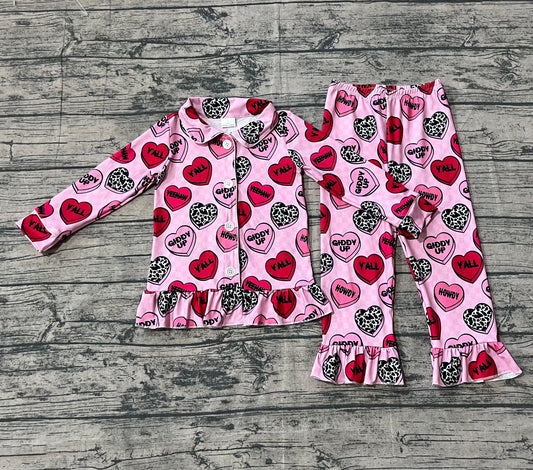 9.17 GLP2843 Sample No Moq Fast Coming Baby Girls Pink Checked Hearts Button Top Pants Valentine Pajamas Sets