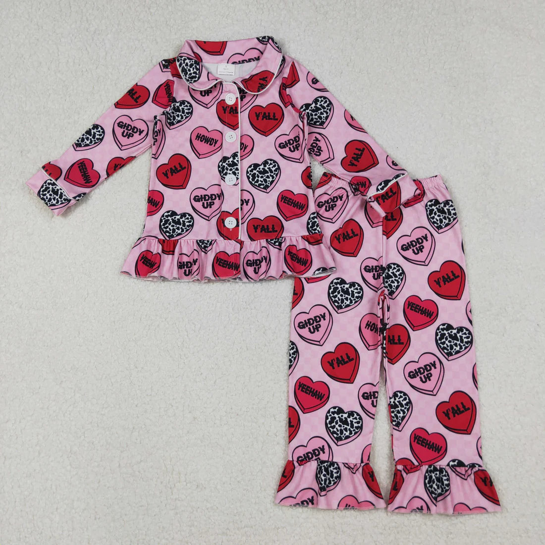 10.23 RTS Sibling Baby Boys Girls Hearts Plaid Button Pants Valentine Pajamas Sets