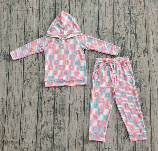 9.24 GLP2853 XS-3XL Sample No Moq Baby Girls Flowers Checked Hoodies Pockets Pants Clothes Sets