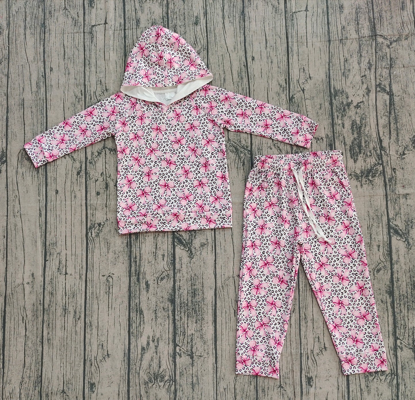 9.24 GLP2854 XS-3XL Sample No Moq Baby Girls Pink Bows Leopard Hoodies Pockets Pants Clothes Sets