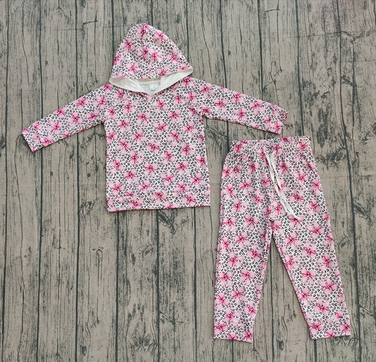 9.24 GLP2854 XS-3XL Sample No Moq Baby Girls Pink Bows Leopard Hoodies Pockets Pants Clothes Sets