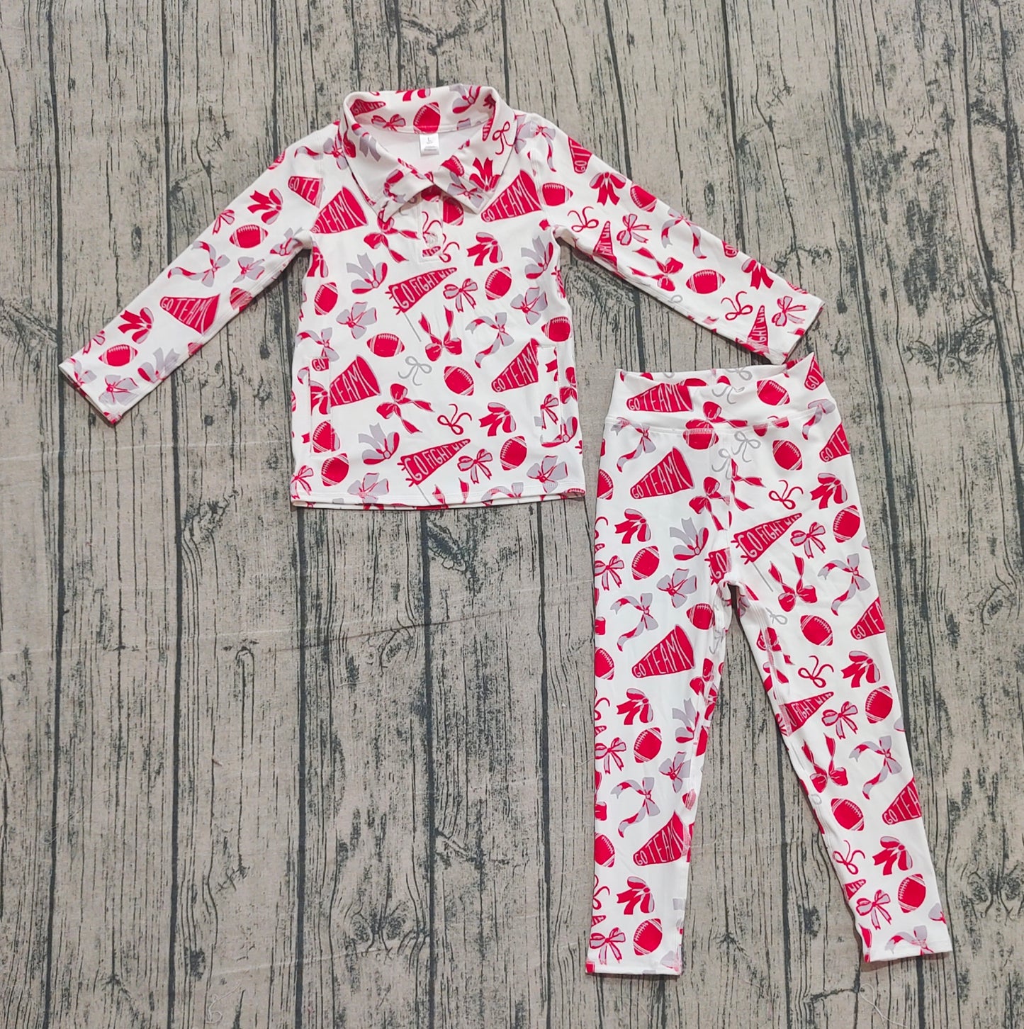 10.1 GLP2860 Sample No Moq Yoga fabric Baby Girls Red Bows Footballs Go Teams Pullovers Leggings Yoga Clothes Set