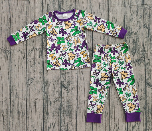 9.24 GLP2872 XS-3XL Sample No Moq  Baby Girls Mardigras Bows Masks Top Pants Pajamas Sets