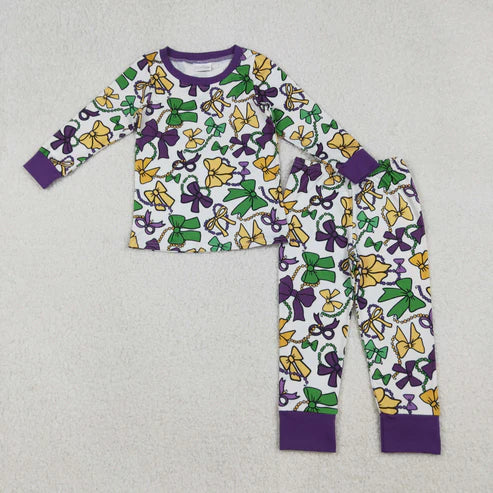 11.24 RST Sibling Baby Girls Mardigras Bows Plaid Pants Pajamas Sets Ruffle Knee Length Dress