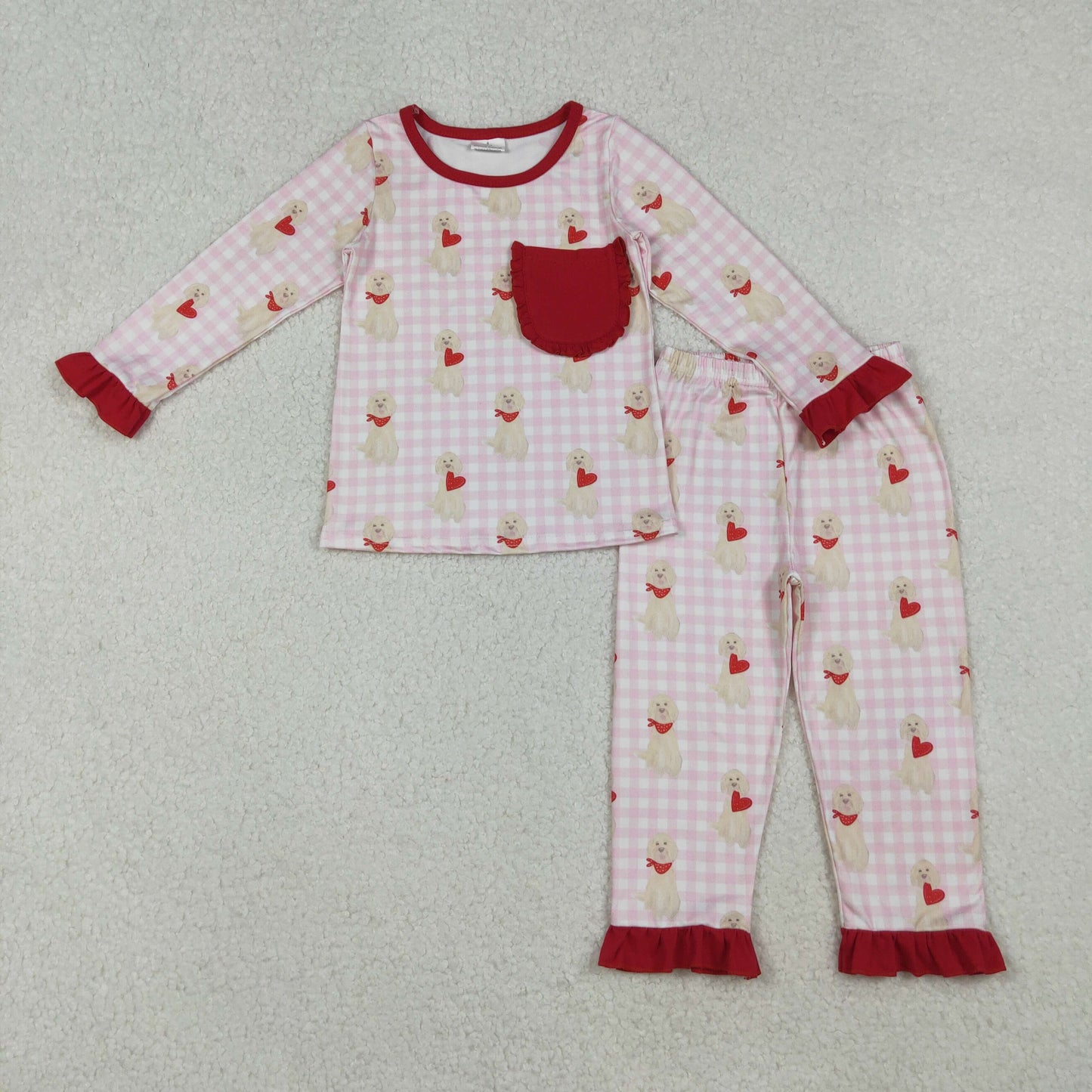 10.20 RTS NO MOQ (In stock)GLP2880 Baby Girls Dogs Hearts Pockets Ruffle Pants Valentine Pajamas Sets