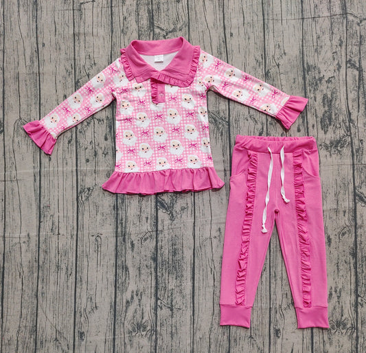 9.24 GLP2881 XS-3XL Sample No Moq Baby Girls Pink Checked Santa Button Top Pockets Pants Christmas Clothes Sets
