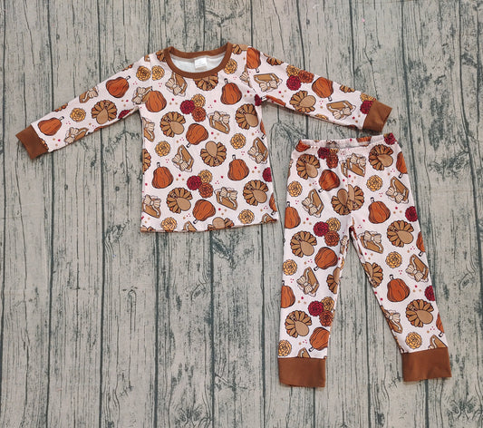 9.26 GLP2884 XS-3XL Sample No Moq Baby Girls Pie Turkey Pumpkins Top Pant Thanksgiving Pajamas Sets