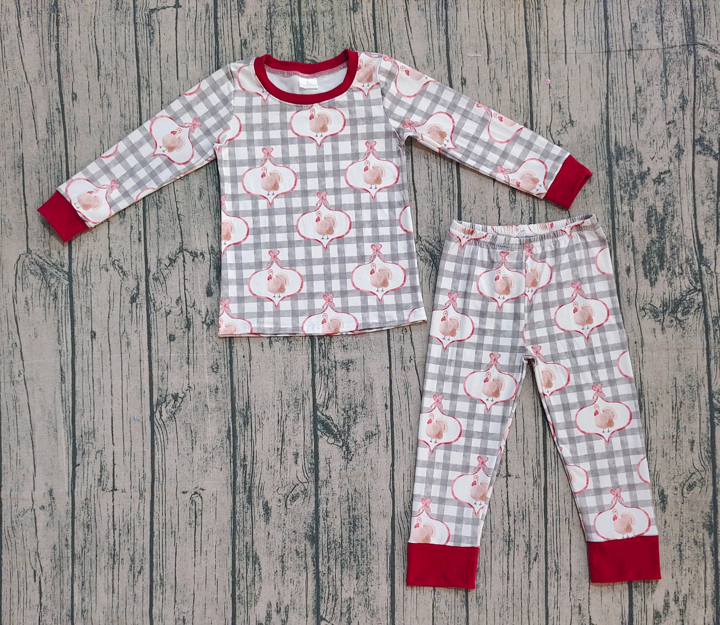 9.26 GLP2885 XS-3XL Sample No Moq Baby Girls Green Checked Turkey Top Pant Thanksgiving Pajamas Sets