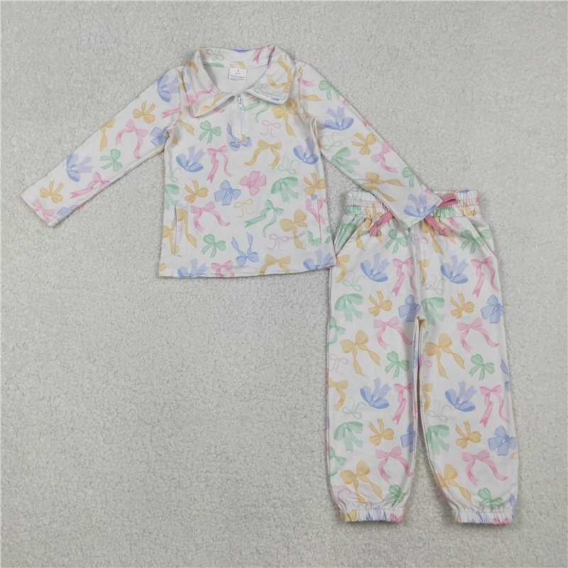 11.29 RTS NO MOQ (In stock)GLP2886 Baby Girls Colorful Bows Pockets Zipper Pullover Jogger Pants Clothes Sets