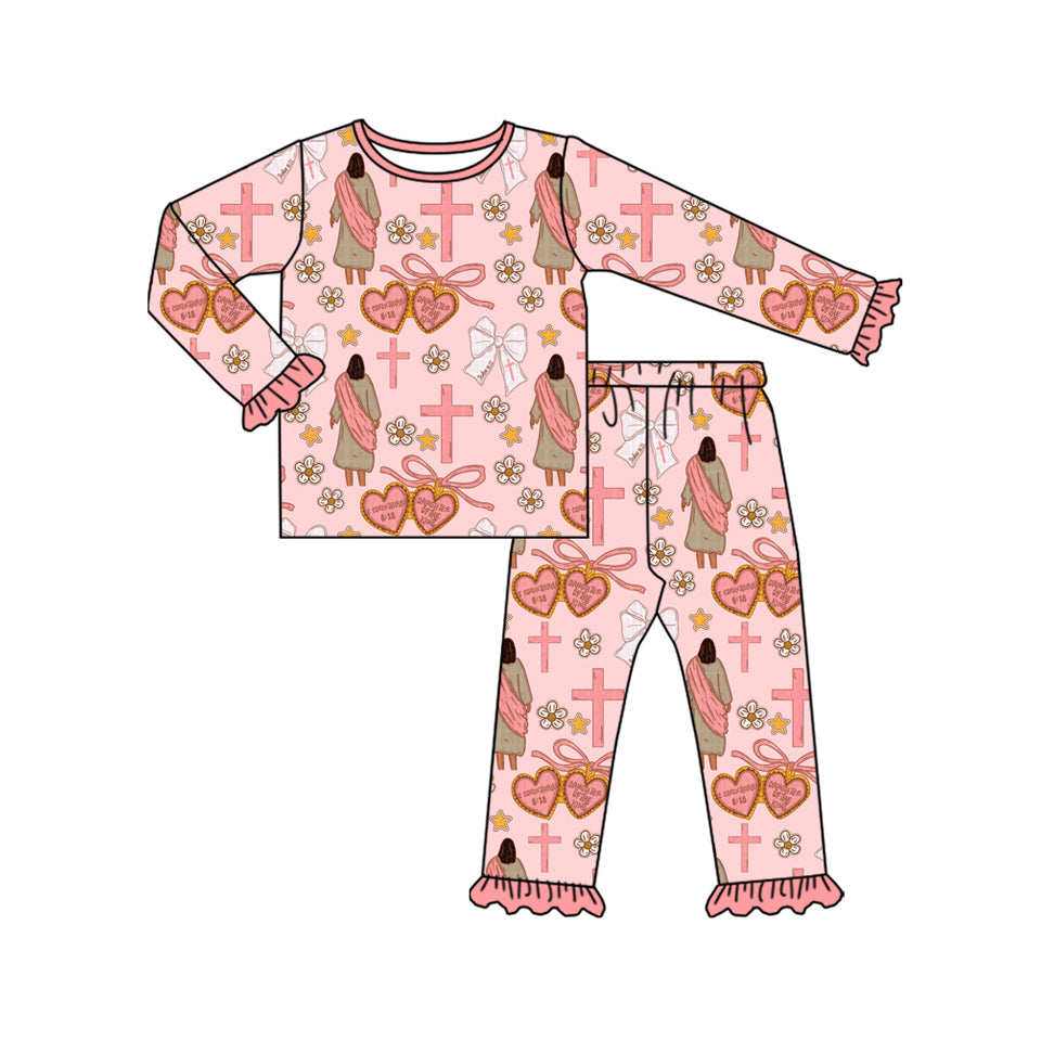 9.20 GLP2889 Baby Girls Pink Nativity Crosses Top Ruffle Pants Christmas Pajamas Sets Preorder