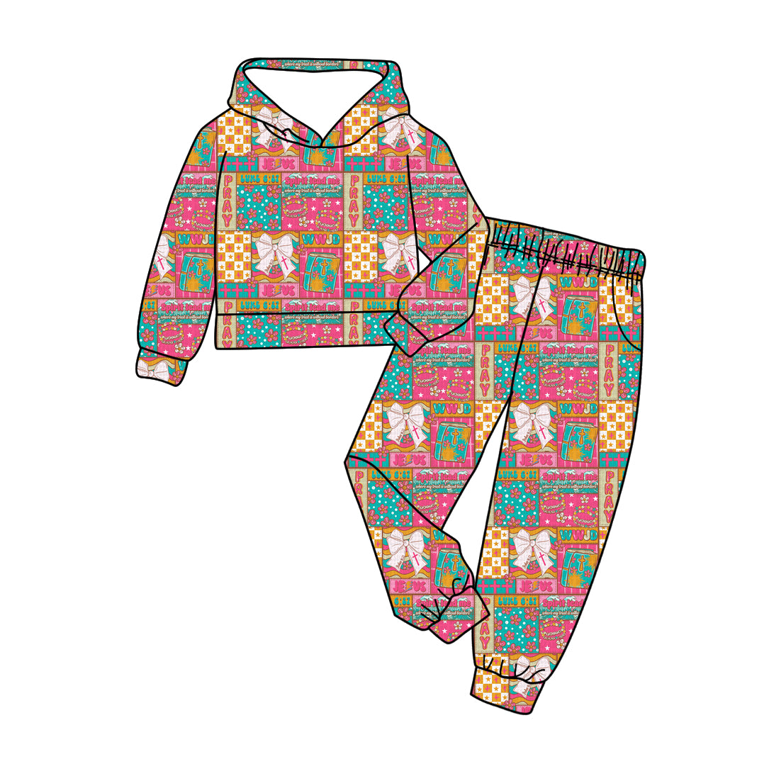 9.20 GLP2891 Baby Girls Pink Bows Flowers Checked Hoodies Pockets Jogger Clothes Sets Preorder