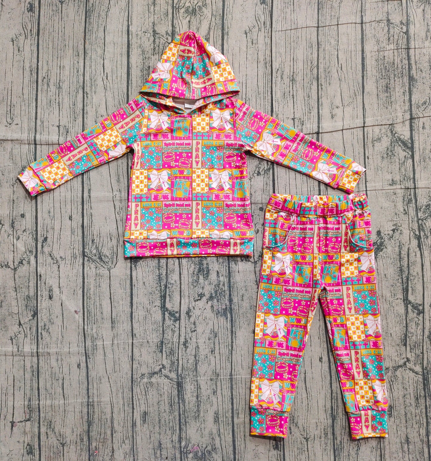 11.5 GLP2891 Sample No Moq Baby Girls Pink Bows Flowers Checked Hoodies Pockets Jogger Clothes Sets