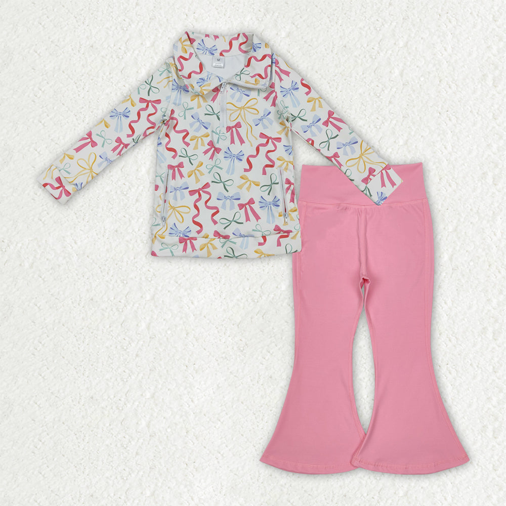 9.22 GLP2896 Baby Girls Pink Yellow Bows Zipper Pullover Bell Bottom Pants Yoga Active Clothes Sets