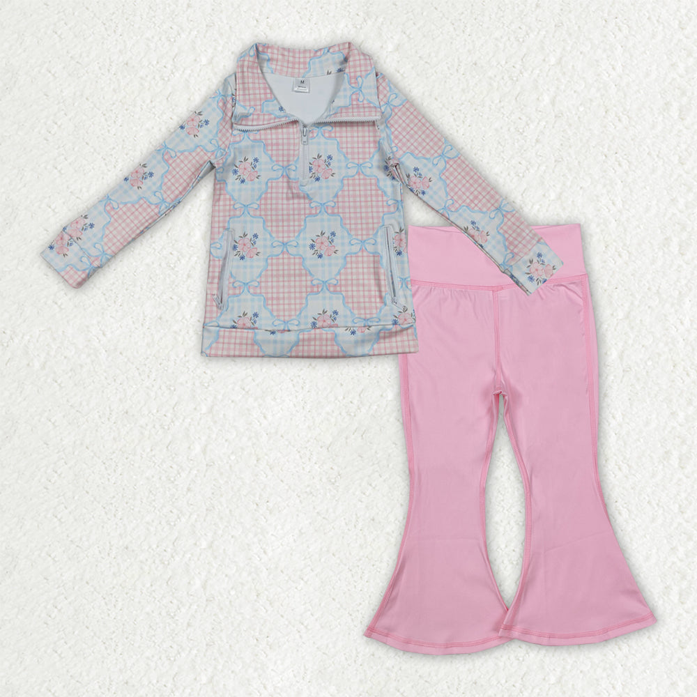 9.22 GLP2898 Baby Girls Pink Flowers Checked Zipper Pullover Bell Bottom Pants Yoga Active Clothes Sets