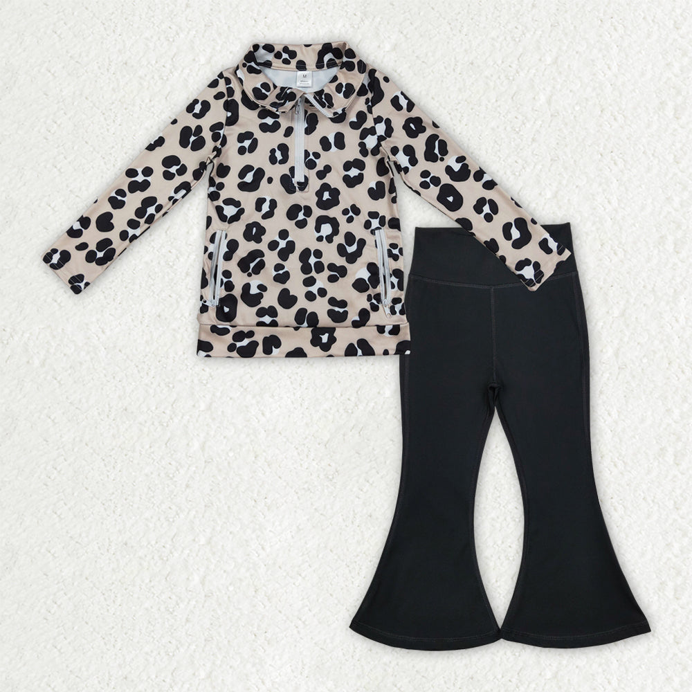 9.22 GLP2900 Baby Girls Black Leopard Pockets Zipper Jackets Bell Bottom Pants Yoga Active Clothes Sets