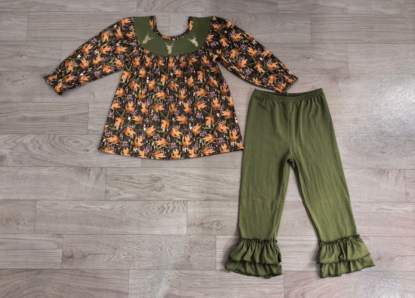 GLP2908 Sample No Moq milk silk Embroidery Baby Girls Green Leaf Camo Print Embroidery Deer Long Sleeve Tunic Top Ruffle Hem Long Pants Western Farm Casual Clothes Set