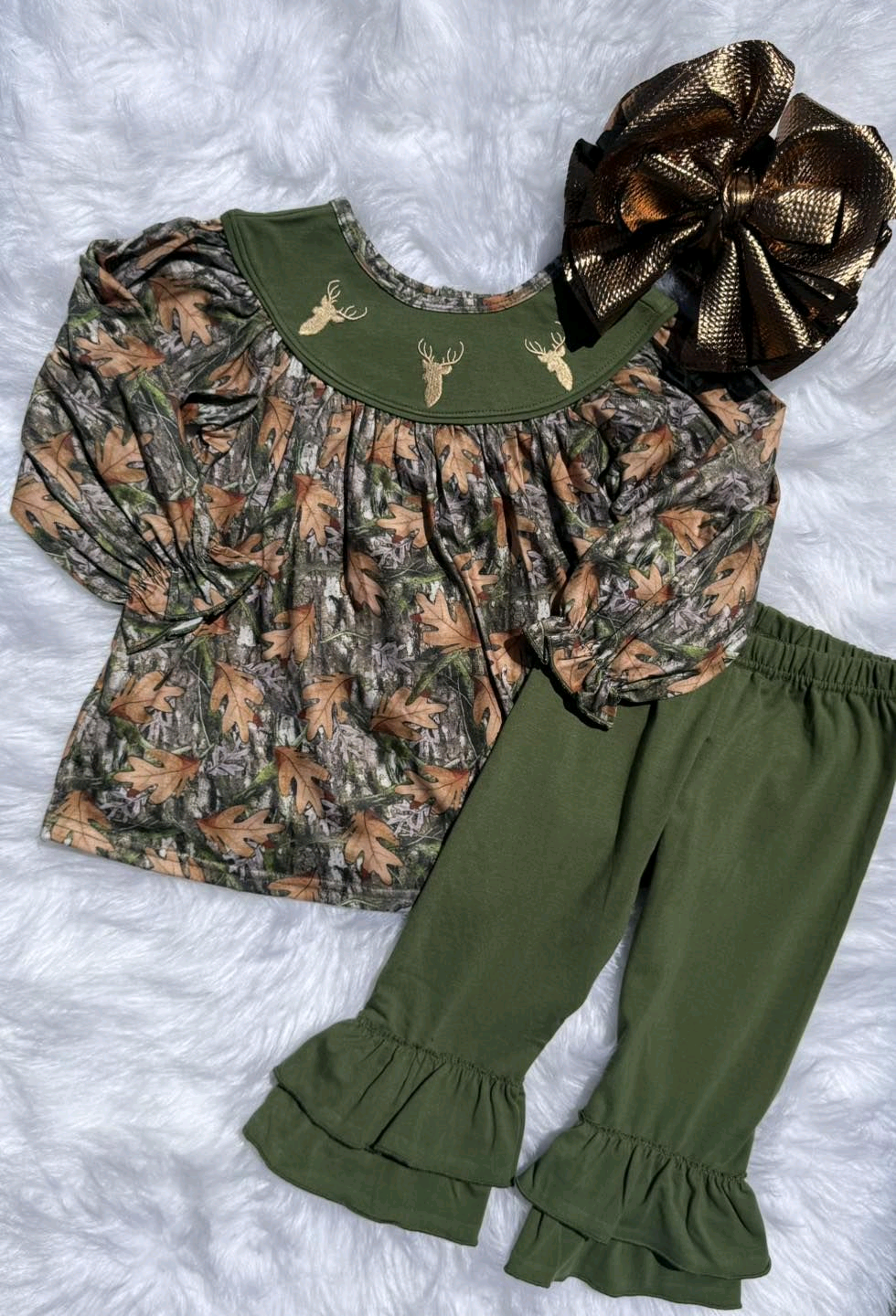 9.24 GLP2908 Pre order No Moq Baby Girls Green Leaves Camo Deer Tunic Ruffle Pants Western Clothes