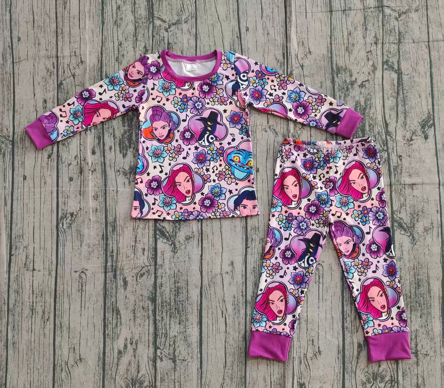 10.10 GLP2917 Sample No Moq Baby Girls Cartoon Princesses Flowers Top Pants Pajamas Sets
