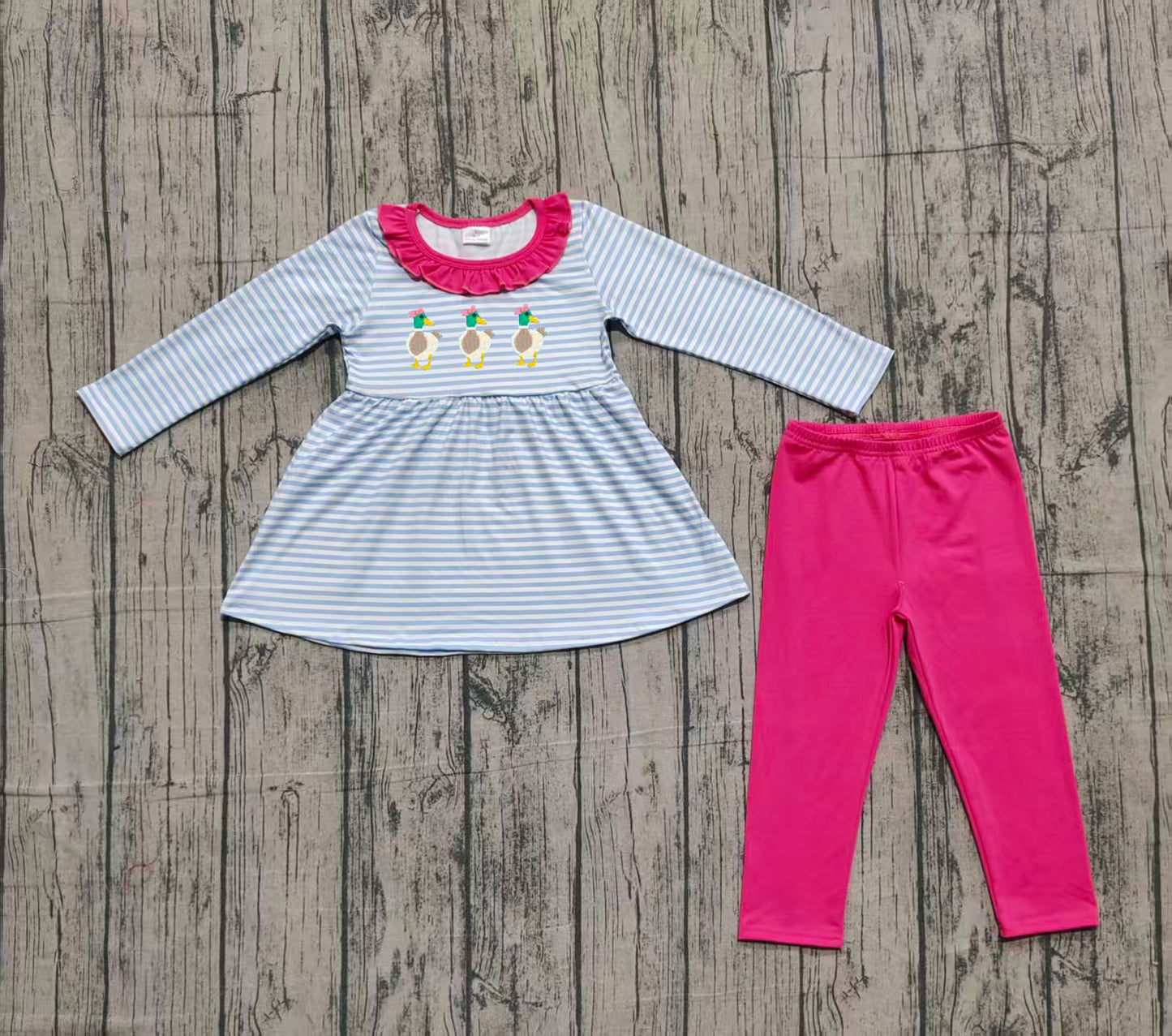 10.11 GLP2923 Sample No Moq Embroidery Ducks Baby Girls Stripe Tunic Legging Pants Clothes Sets