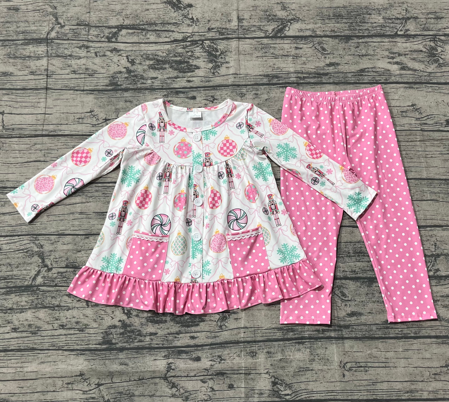 10.4 GLP2932 Sample No Moq Baby Girls Soldiers Candy Button Pockets Tunic Leggings Christmas Clothes Sets