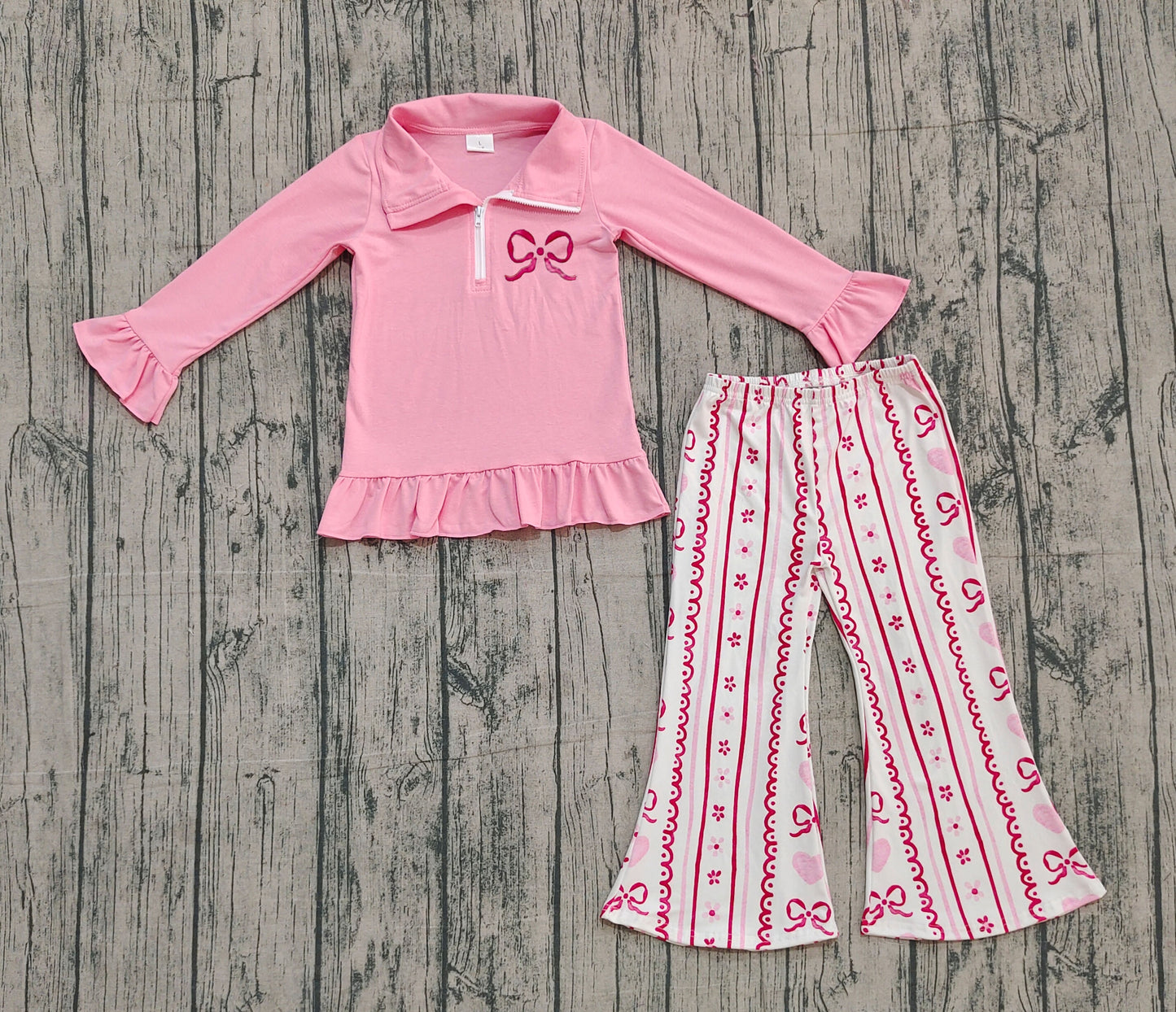 10.13 GLP2934 Sample No Moq Embroidery Bow Baby Girls Pink Zipper Pullovers Flowers Stripe Bell Bottom Pants Clothes Set