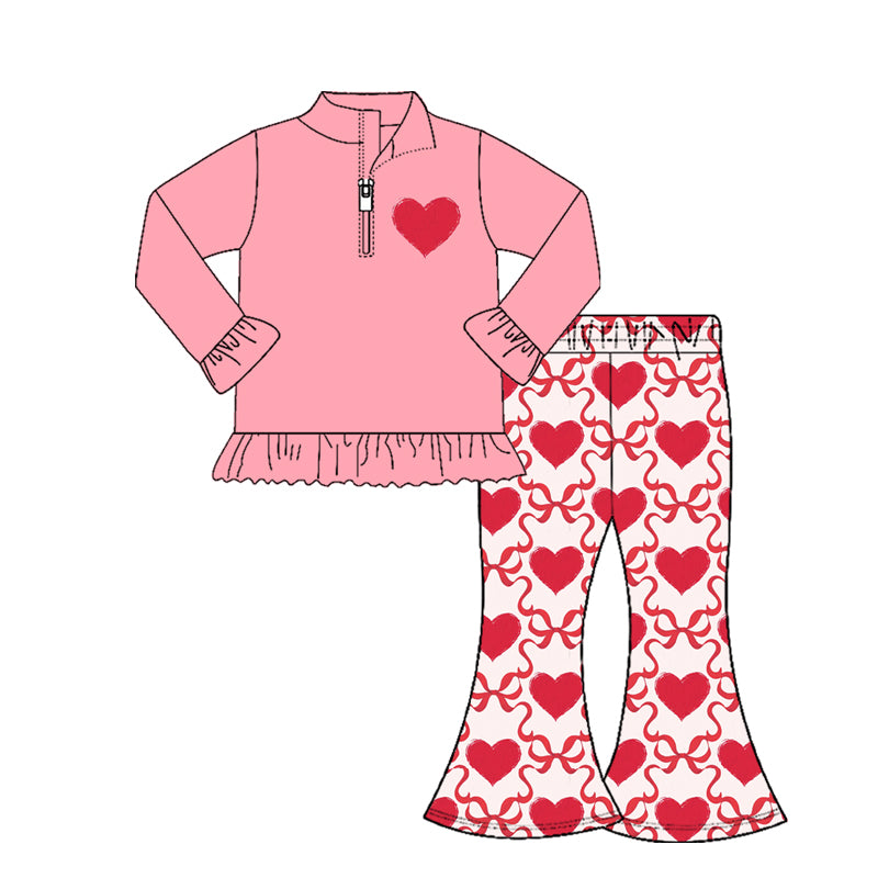 9.30 GLP2935 Pre order No Moq Baby Girls Pink Hearts Zipper Pullovers Checked Bell Bottom Pants Valentine Clothes Set