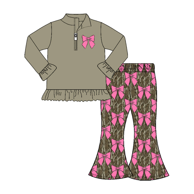 9.30 GLP2936 Pre order No Moq Baby Girls Olive Bows Zipper Pullovers Camo Bell Bottom Pants Valentine Clothes Set