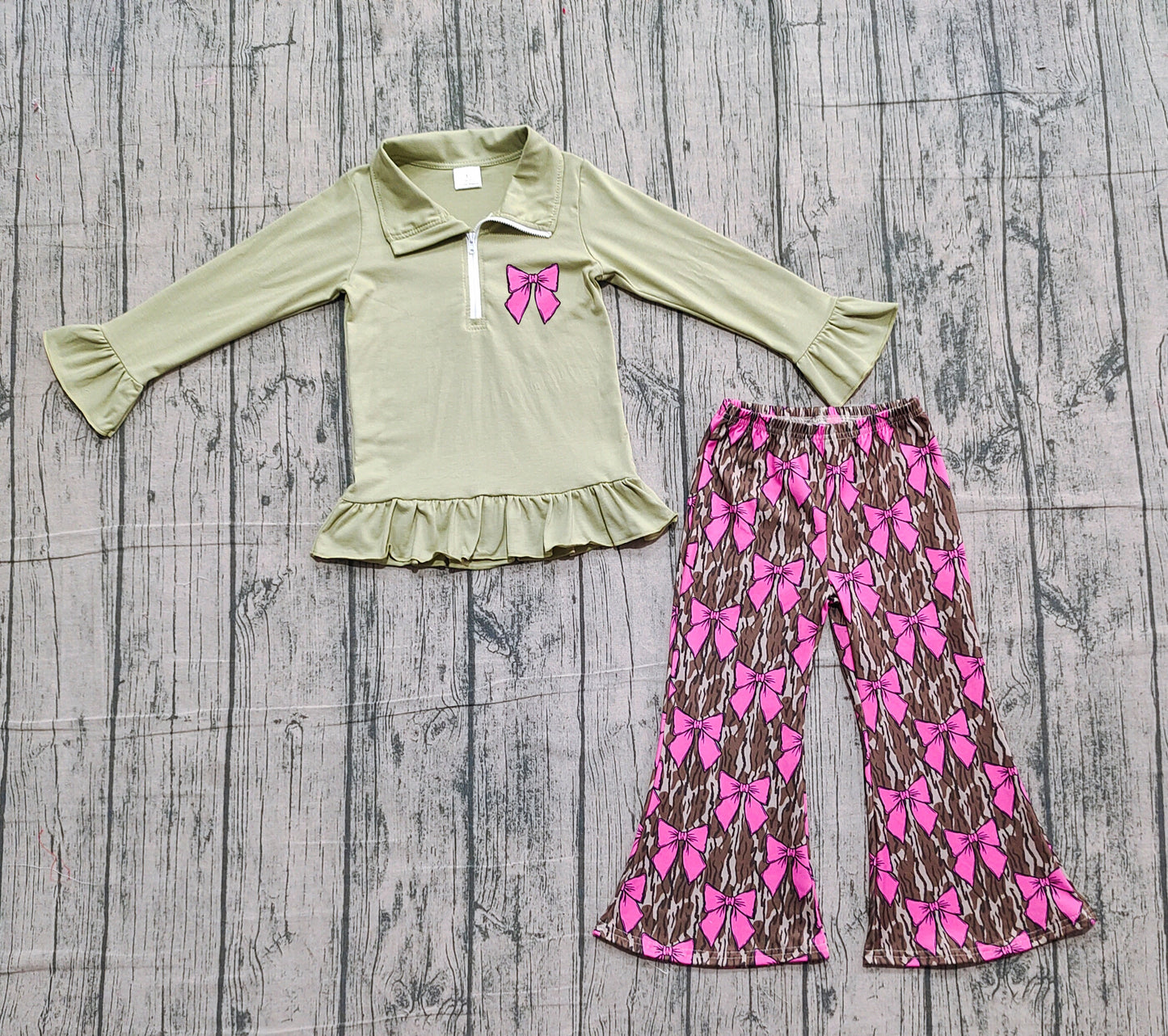 10.20 GLP2936 Sample No Moq Embroidery Bows Baby Girls Olive Zipper Pullovers Camo Bell Bottom Pants Clothes Set