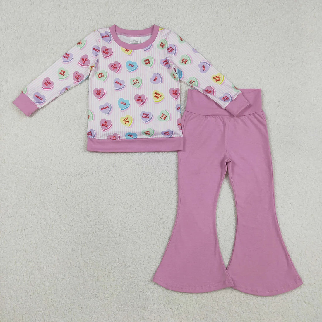 12.12 RTS Sibling Baby Girls Long Sleeve XOXO Hearts Top Bell Bottom Pants Valentines Clothes Sets
