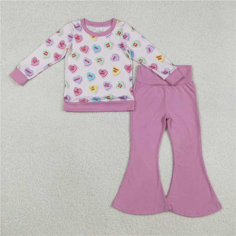 11.26 RTS NO MOQ (In stock)GLP2938 Baby Girls Pink Stripe Colorful Hearts Top Bell Bottom Pants Valentines Clothes Sets