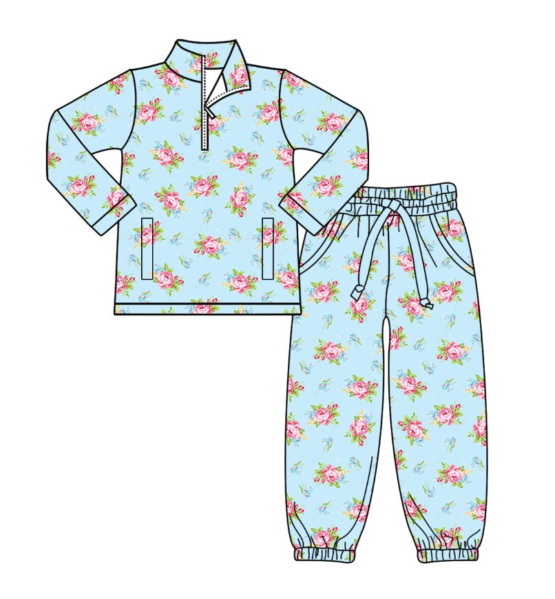 10.1 GLP2939 Pre order No Moq Yoga fabric Baby Girls Pink Flowers Pockets Zipper Pullovers Jogger Pants Yoga Clothes Set