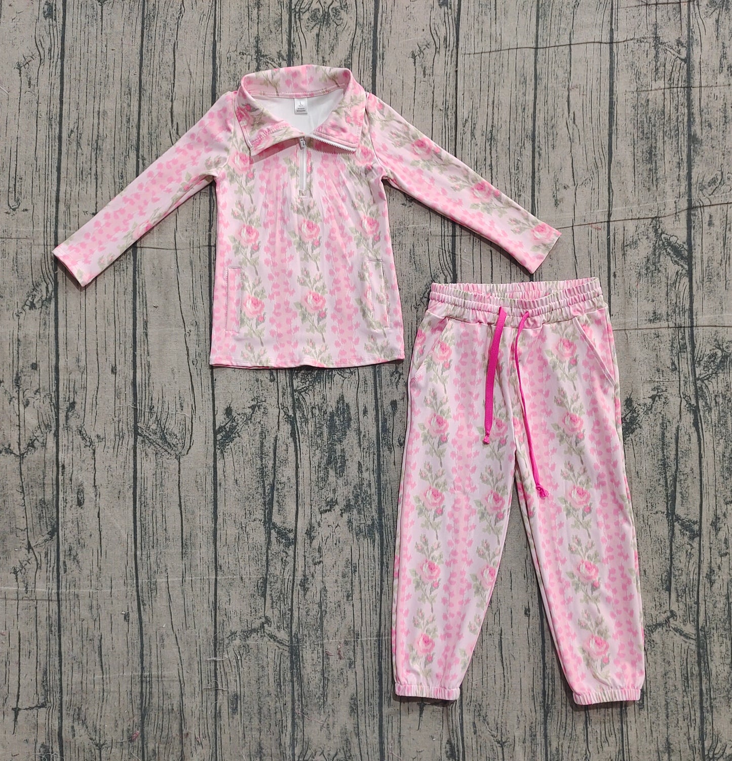 11.6 GLP2940 Sample No Moq Yoga fabric Baby Girls Pink Flowers Stripe Pockets Zipper Pullovers Jogger Pants Yoga Clothes Set