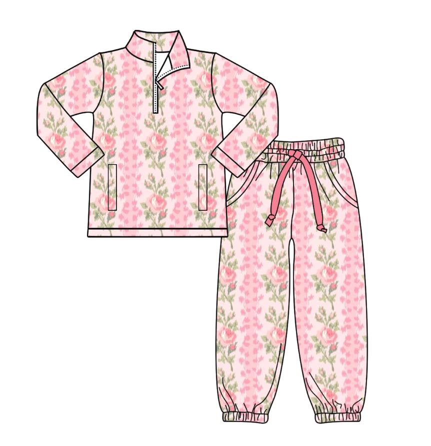 10.1 GLP2940 Pre order No Moq Yoga fabric Baby Girls Pink Flowers Stripe Pockets Zipper Pullovers Jogger Pants Yoga Clothes Set