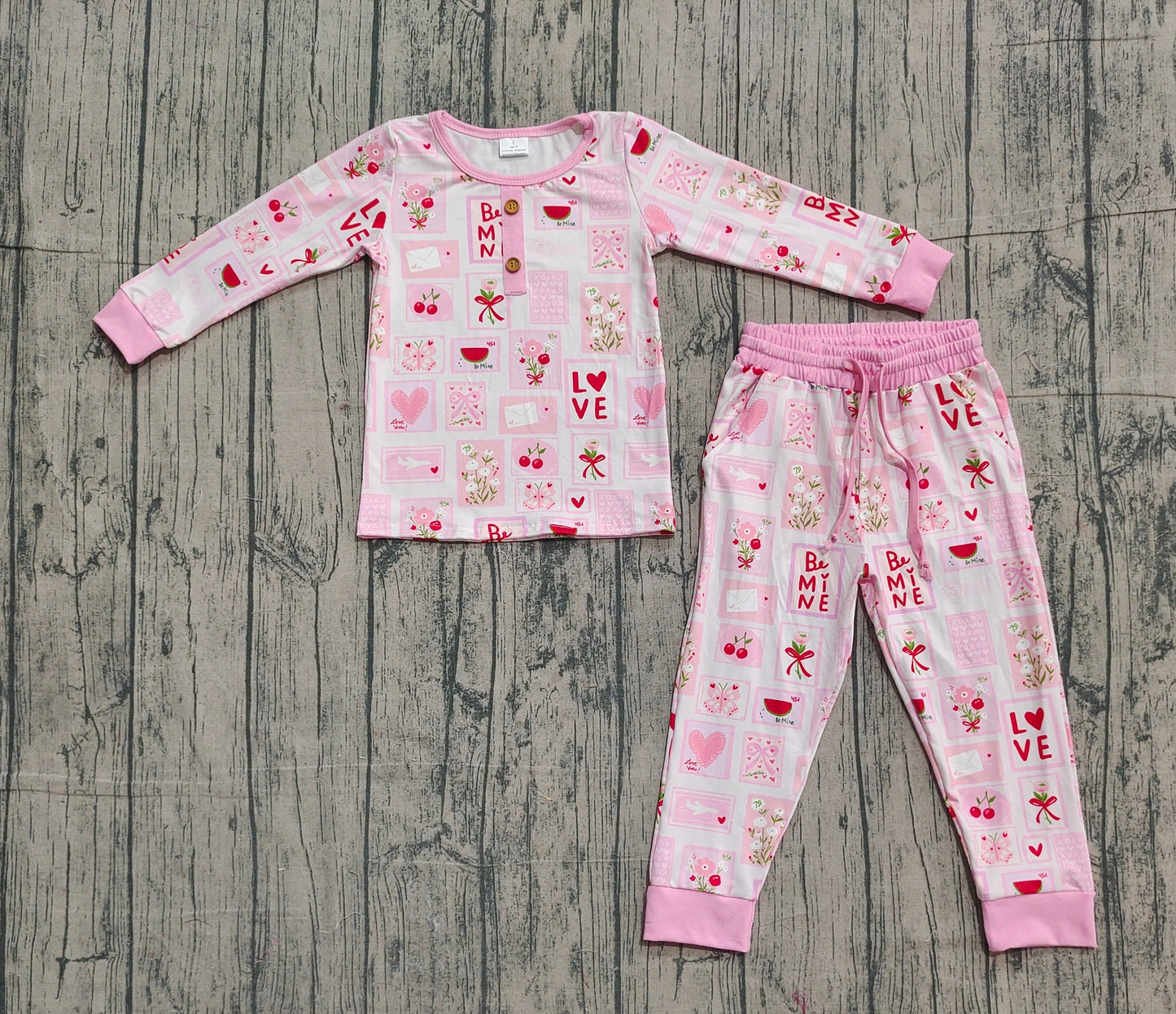 12.3 GLP2946 Sample No Moq Baby Girls Flowers Hearts Button Top Pockets Pants Valentines Clothes Sets