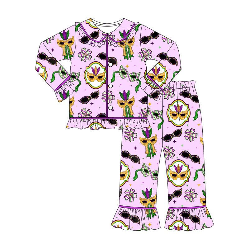 10.3 GLP2949 Pre order No Moq Baby Girls Flowers Anchors Masks Button Top Ruffle Pants Maedigras Pajamas Sets